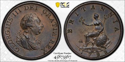 1799 Copper Halfpenny PCGS MS62 BN