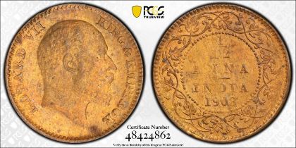 India: British India Edward VII 1908 Bronze 1/12 Anna PCGS MS63 RB