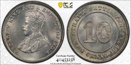 Straits Settlements George V 1927 Silver 10 Cents PCGS MS65