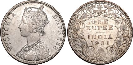 India: British Victoria 1901 B incuse Silver 1 Rupee About extremely fine