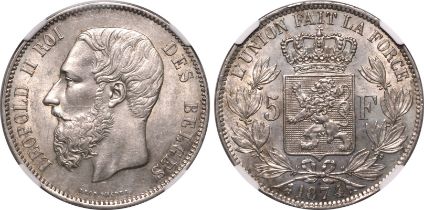 Belgium 1874 Silver 5 Francs Léopold II NGC AU 58