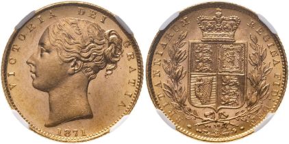 1871 Gold Sovereign Shield NGC MS 64