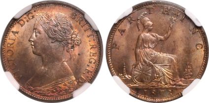 1873 Bronze Farthing NGC MS 64 RB