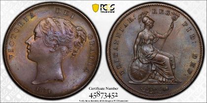 1851 Copper Penny Ornamental trident, DEF : Equal-finest PCGS MS64 BN