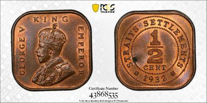Straits Settlements George V 1932 Bronze 1/2 Cent PCGS MS64 RB