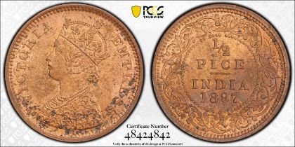 India: British Victoria 1897 Copper 1/2 Pice PCGS MS62 RB