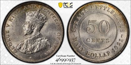 Straits Settlements George V 1921 Silver 50 Cents PCGS MS63