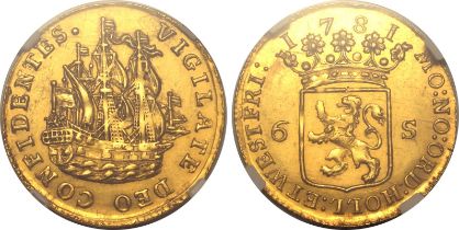 Netherlands: Dutch Republic 1781 Gold 6 Stuivers Scheepjesschelling NGC MS 61