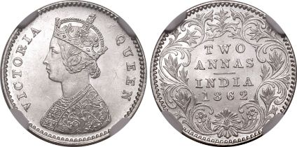 India: British Victoria 1862 Silver 2 Annas NGC MS 64
