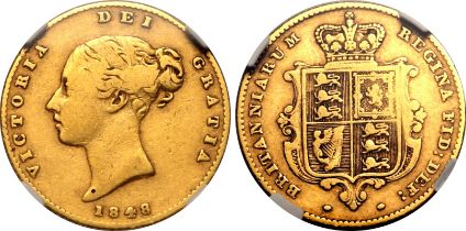 1848/7 Gold Half-Sovereign 8 over 7 NGC F 15