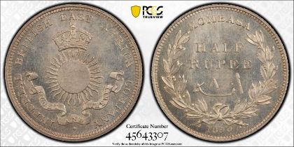 Kenya: Mombasa British Colony 1890H Silver 1/2 Rupee PCGS MS65+