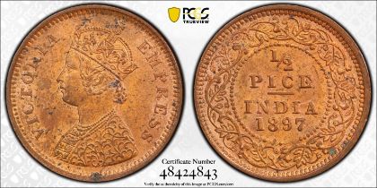 India: British Victoria 1897 Copper 1/2 Pice PCGS MS63 RB