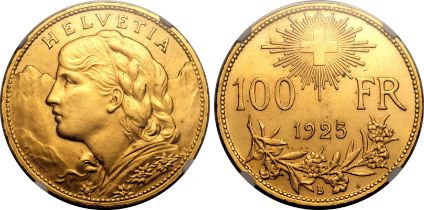 Switzerland Federal State 1925 Gold 100 Francs Vreneli NGC MS 64