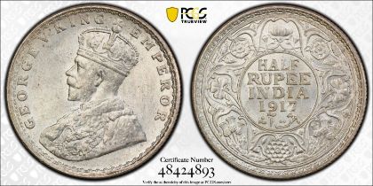 India: British India George V 1917 Silver 1/2 Rupee PCGS MS63