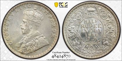 India: British George V 1936 • Silver 1/2 Rupee PCGS MS64