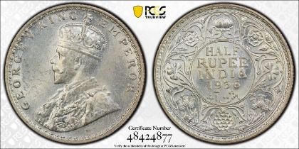 India: British George V 1936 • Silver 1/2 Rupee PCGS MS63