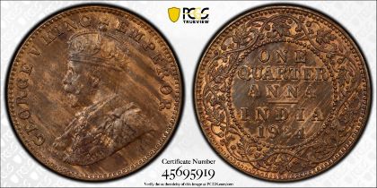 India: British India George V 1924 Bronze 1/4 Anna Equal-finest PCGS MS63 BN