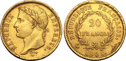 France Napoleon I 1808 A Gold 20 Francs Very fine