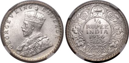 India: British George V 1936 Silver 1/4 Rupee NGC MS 64