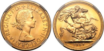 1957 Gold Sovereign Equal-finest NGC MS 66