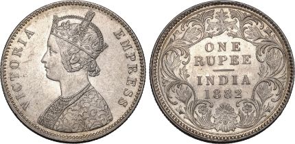 India: British Victoria 1882 C incuse Silver 1 Rupee About extremely fine