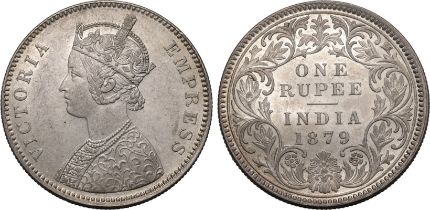 India: British Victoria 1879 C incuse Silver 1 Rupee Extremely fine