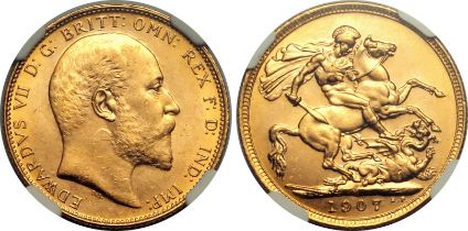 1907 M Gold Sovereign Only 1 higher NGC MS 64+