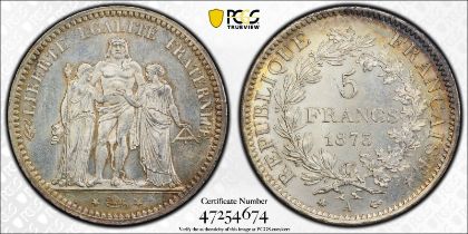 France 1873 A Silver 5 Francs PCGS MS64