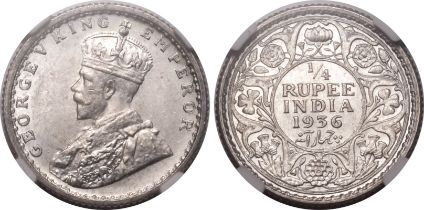 India: British George V 1936 Silver 1/4 Rupee NGC MS 63