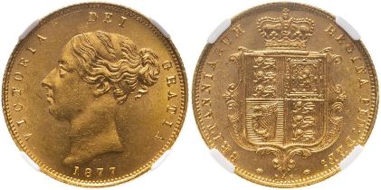 1877 Gold Half-Sovereign Die number Equal-finest NGC MS 64