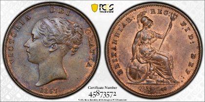 1857 Copper Penny Ornamental trident, DEF : Equal-finest PCGS MS64 RB