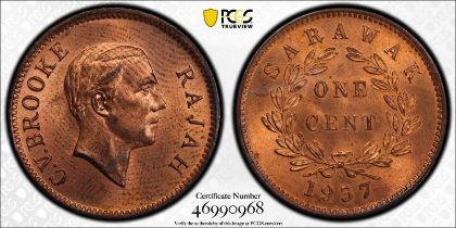 Malaysia: Sarawak Charles Vyner Brooke 1937 Bronze 1 Cent PCGS MS63 RB