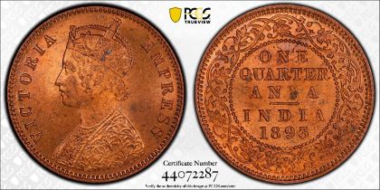 India: British India Victoria 1893 Copper 1/4 Anna PCGS MS64 RD
