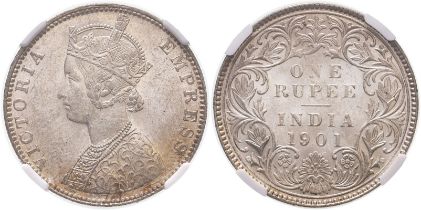 India: British Victoria 1901 B incuse Silver 1 Rupee NGC MS 60