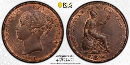 1851 Copper Penny Ornamental trident, DEF : Equal-finest PCGS MS63 RB