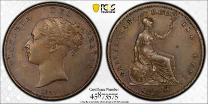 1847 Copper Penny Ornamental trident, DEF : PCGS MS62 BN