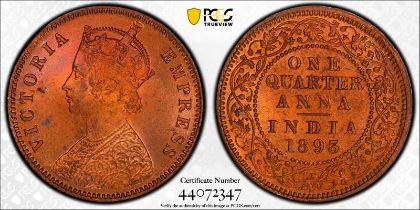 India: British India Victoria 1893 Copper 1/4 Anna Equal-finest PCGS MS65 RB