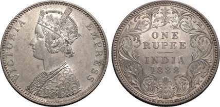 India: British Victoria 1888 B raised Silver 1 Rupee About extremely fine