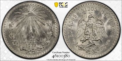 Mexico Republic 1932 Silver Peso Closed 9 PCGS MS65