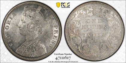 India: British Victoria 1900 B incuse Silver 1 Rupee PCGS MS61