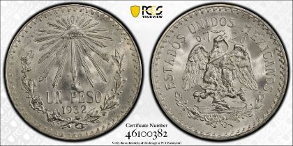 Mexico Republic 1932 Silver Peso Open 9 PCGS MS65