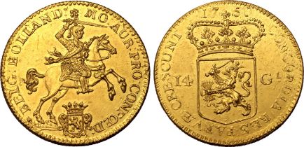 Netherlands: Dutch Republic 1750 Gold 14 Gulden Extremely fine, hairlines