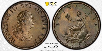 1799 Copper Halfpenny PCGS MS63 BN