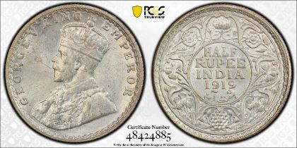 India: British George V 1919 • Silver 1/2 Rupee PCGS MS63