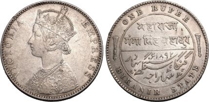 India: Bikanir State Victoria 1892 Silver 1 Rupee Very fine, reverse better