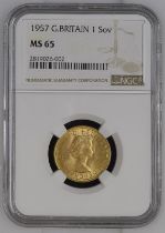 1957 Gold Sovereign NGC MS 65