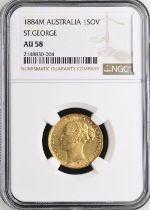 1884 M Gold Sovereign St George; WW Buried NGC AU 58