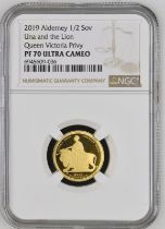 Alderney 2019 Gold Half-Sovereign Una and the Lion Proof NGC PF 70 ULTRA CAMEO