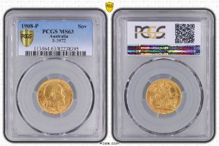 1908 P Gold Sovereign PCGS MS63