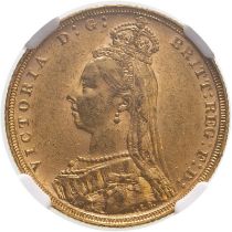 1889 M Gold Sovereign Second Legend NGC AU 58